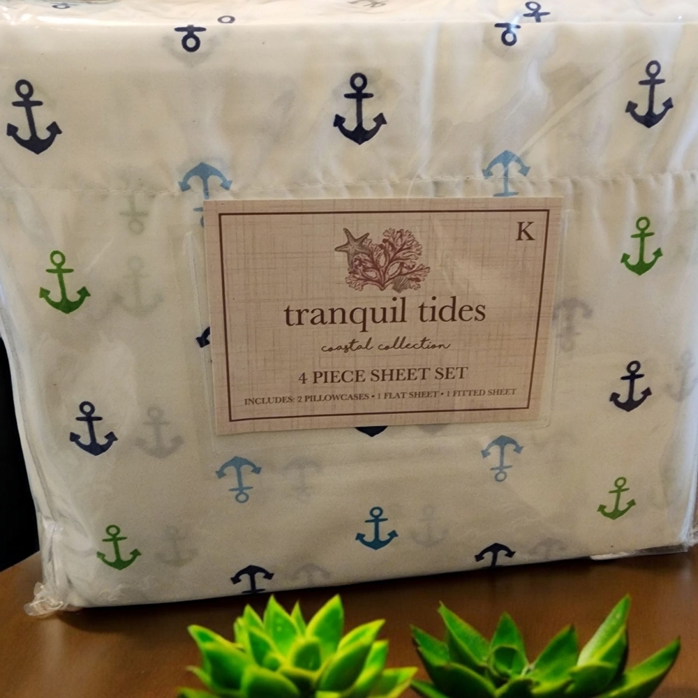 Tranquil Tides King 4 pc Sheet Set Anchors Beach Blue White Green NWT